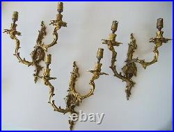 Vintage Matching Set 3 Rococo Style Twin Branch Cast Brass Wall Lights, English