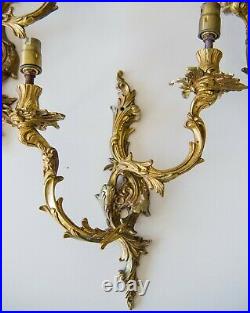Vintage Matching Set 3 Rococo Style Twin Branch Cast Brass Wall Lights, English