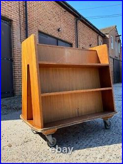 Vintage Mid Century Teak Double Sided School Library Book Trolley on Casters