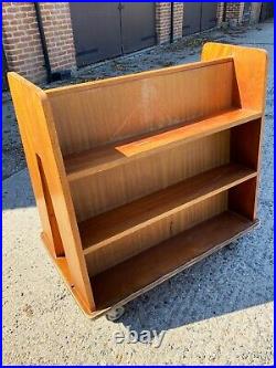 Vintage Mid Century Teak Double Sided School Library Book Trolley on Casters