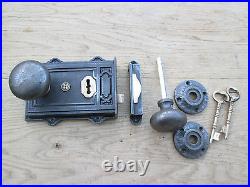 Vintage Old English Country Antque Repro Cast Iron Rim Door Lock Or Knob Set