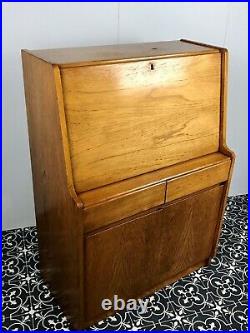 Vintage Old English Oak Writing Desk Cabinet Retro Style Bureau
