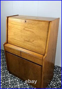 Vintage Old English Oak Writing Desk Cabinet Retro Style Bureau
