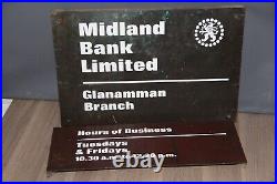 Vintage Original Bronze, Enamel Welsh Plaque Signs Midland Bank. Carmarthenshire