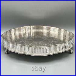 Vintage Round Silver Plated Gallery Tray Footed Claw Feet Scalloped English 30cm