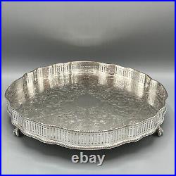 Vintage Round Silver Plated Gallery Tray Footed Claw Feet Scalloped English 30cm