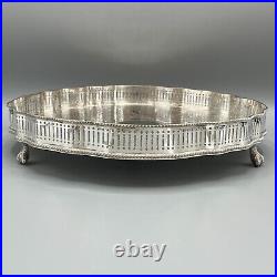 Vintage Round Silver Plated Gallery Tray Footed Claw Feet Scalloped English 30cm