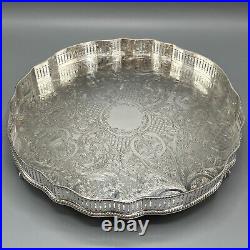 Vintage Round Silver Plated Gallery Tray Footed Claw Feet Scalloped English 30cm