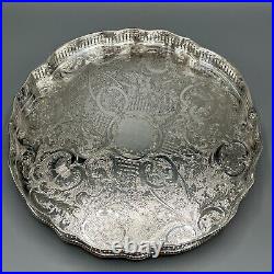 Vintage Round Silver Plated Gallery Tray Footed Claw Feet Scalloped English 30cm