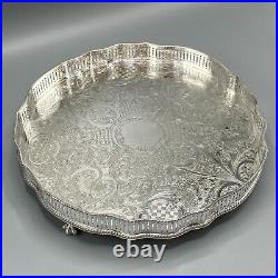 Vintage Round Silver Plated Gallery Tray Footed Claw Feet Scalloped English 30cm