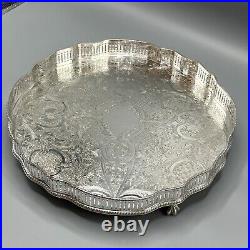 Vintage Round Silver Plated Gallery Tray Footed Claw Feet Scalloped English 30cm