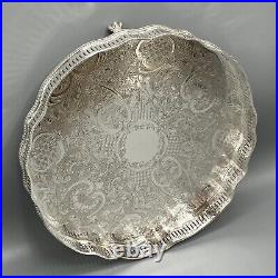 Vintage Round Silver Plated Gallery Tray Footed Claw Feet Scalloped English 30cm