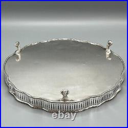 Vintage Round Silver Plated Gallery Tray Footed Claw Feet Scalloped English 30cm