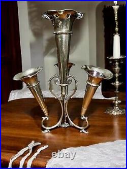 Vintage Silver Plate English Epergnes Tulip 4 Vases