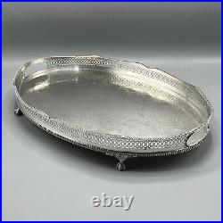 Vintage Silver Plate Footed Gallery Serving Tray Handles Cocktail Butler English