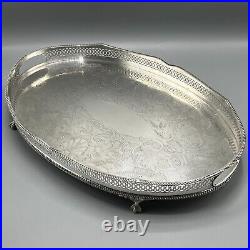 Vintage Silver Plate Footed Gallery Serving Tray Handles Cocktail Butler English