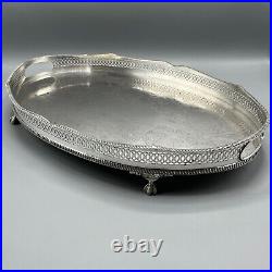 Vintage Silver Plate Footed Gallery Serving Tray Handles Cocktail Butler English