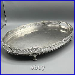 Vintage Silver Plate Footed Gallery Serving Tray Handles Cocktail Butler English