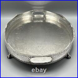 Vintage Silver Plate Footed Gallery Serving Tray Handles Cocktail Butler English