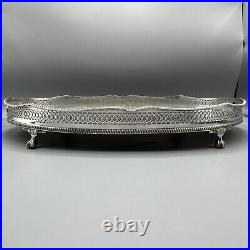 Vintage Silver Plate Footed Gallery Serving Tray Handles Cocktail Butler English