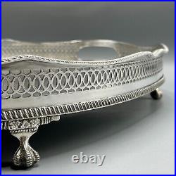 Vintage Silver Plate Footed Gallery Serving Tray Handles Cocktail Butler English