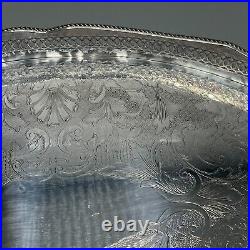 Vintage Silver Plate Footed Gallery Serving Tray Handles Cocktail Butler English