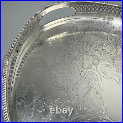 Vintage Silver Plate Footed Gallery Serving Tray Handles Cocktail Butler English