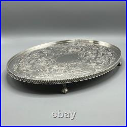 Vintage Silver Plated Footed Cocktail Tray English Drinks Ball & Claw Feet