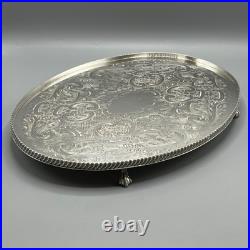 Vintage Silver Plated Footed Cocktail Tray English Drinks Ball & Claw Feet