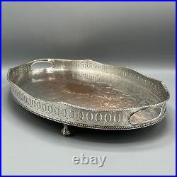 Vintage Silver Plated Gallery Serving Tray Footed English Sheffield Cocktail