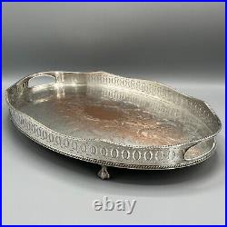 Vintage Silver Plated Gallery Serving Tray Footed English Sheffield Cocktail