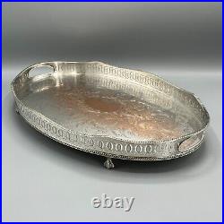 Vintage Silver Plated Gallery Serving Tray Footed English Sheffield Cocktail