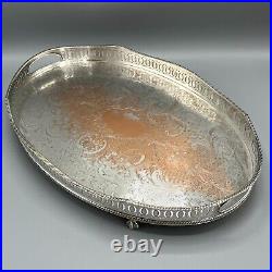 Vintage Silver Plated Gallery Serving Tray Footed English Sheffield Cocktail