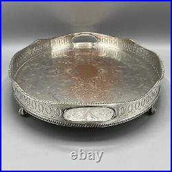 Vintage Silver Plated Gallery Serving Tray Footed English Sheffield Cocktail