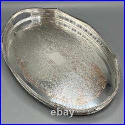 Vintage Silver Plated Gallery Serving Tray Handles English Cocktail Drinks Tea