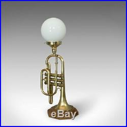 Vintage Trumpet Lamp, English, Oak, Brass, Musical Instrument, Light, Pendant