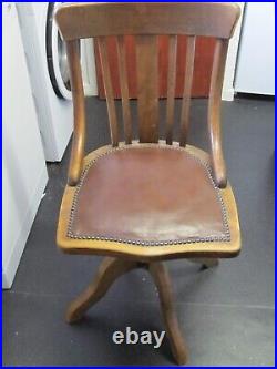 Vintage Wood Leather Office Chair Swivel Chair 30's 40's Desk English 88cm LABEL