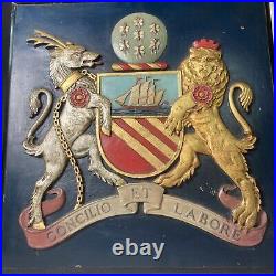 Vintage antique hand carved wood panel coat of arms for Manchester City Council