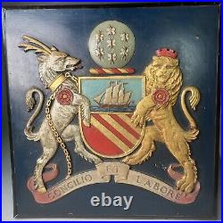 Vintage antique hand carved wood panel coat of arms for Manchester City Council