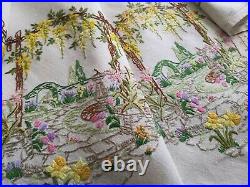 Vintage hand embroidered Irish linen tablecloth English Country house gardens