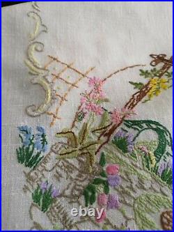 Vintage hand embroidered Irish linen tablecloth English Country house gardens