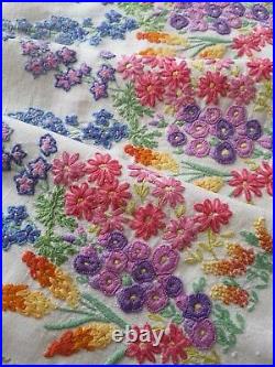 Vintage hand embroidered Irish linen tablecloth English garden lupins florals