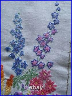 Vintage hand embroidered Irish linen tablecloth English garden lupins florals