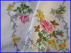 Vintage hand embroidered Irish linen tablecloth / tray cloth / tea cosy Roses
