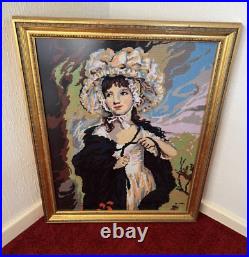 Vintage large Framed Tapestry English Needlepoint Lady in bonnet & cloak