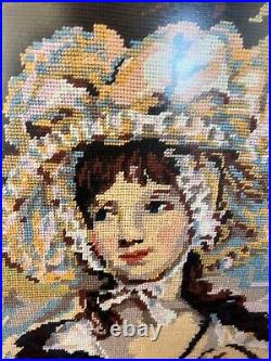 Vintage large Framed Tapestry English Needlepoint Lady in bonnet & cloak