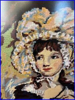 Vintage large Framed Tapestry English Needlepoint Lady in bonnet & cloak