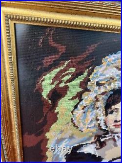 Vintage large Framed Tapestry English Needlepoint Lady in bonnet & cloak