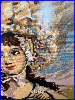 Vintage large Framed Tapestry English Needlepoint Lady in bonnet & cloak