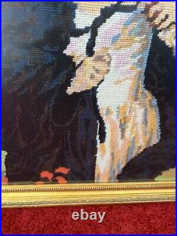 Vintage large Framed Tapestry English Needlepoint Lady in bonnet & cloak